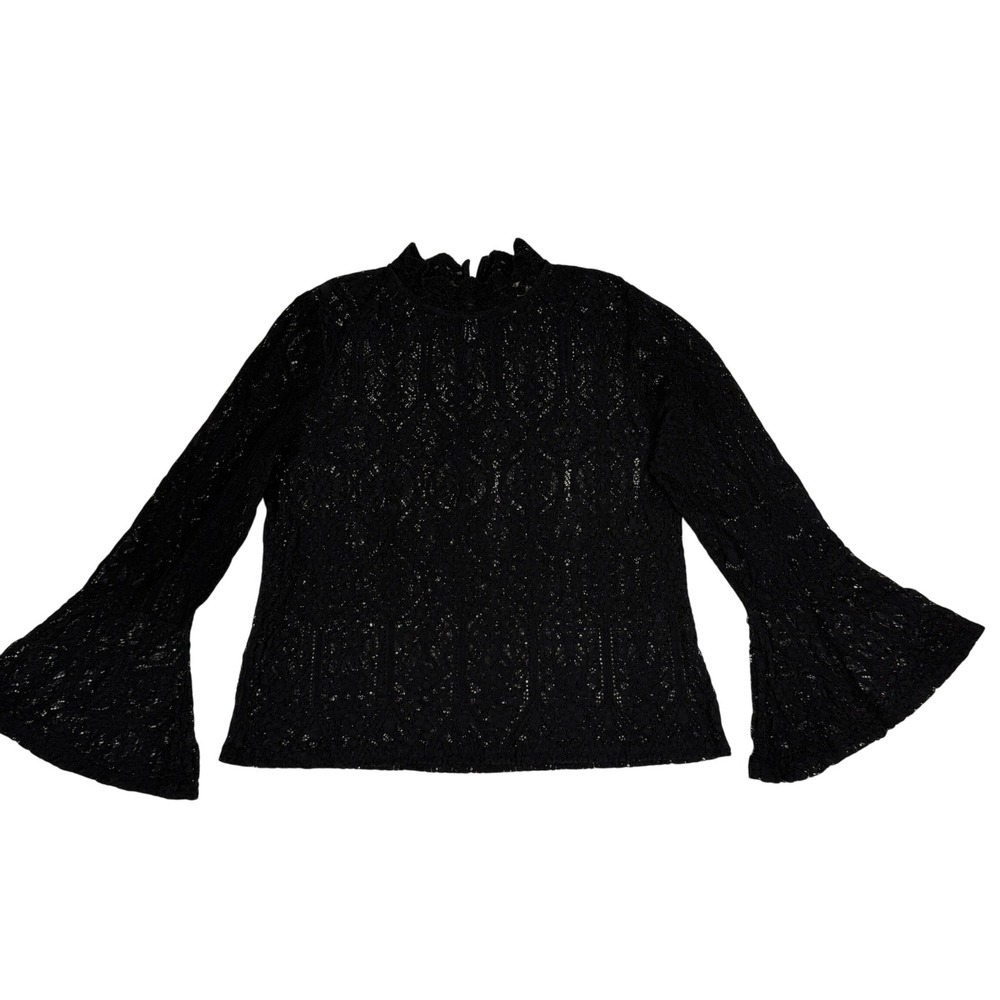 Adiva Womens L Black Lace Top Bell Sleeve High Neck Romantic Goth Blouse - Picture 14 of 14